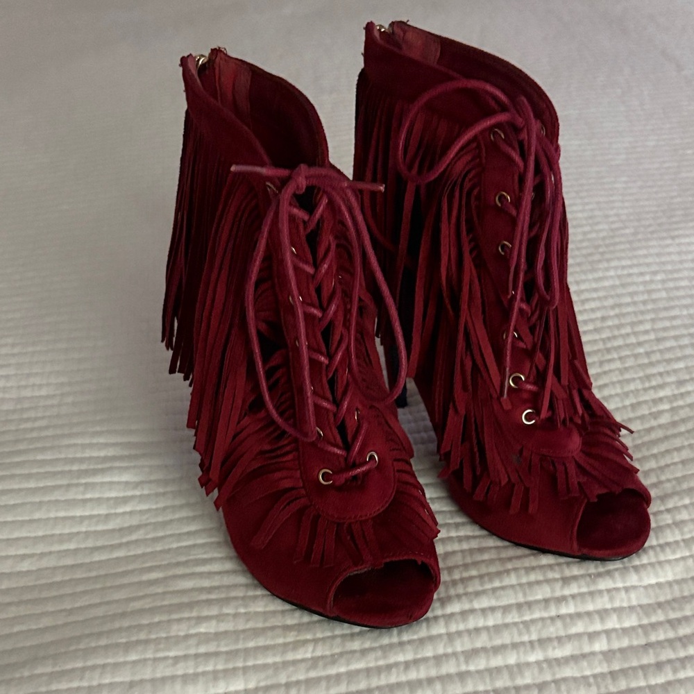 Fringed Red Peep-Toe Ankle Boots